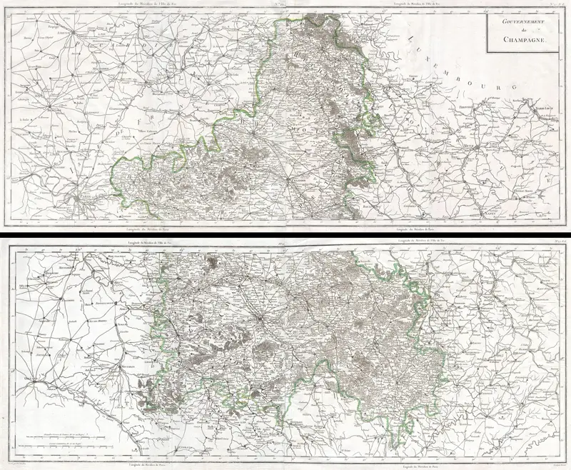 Eighteenth-century map of the Champagne government in two sheets with roads and a green boundary